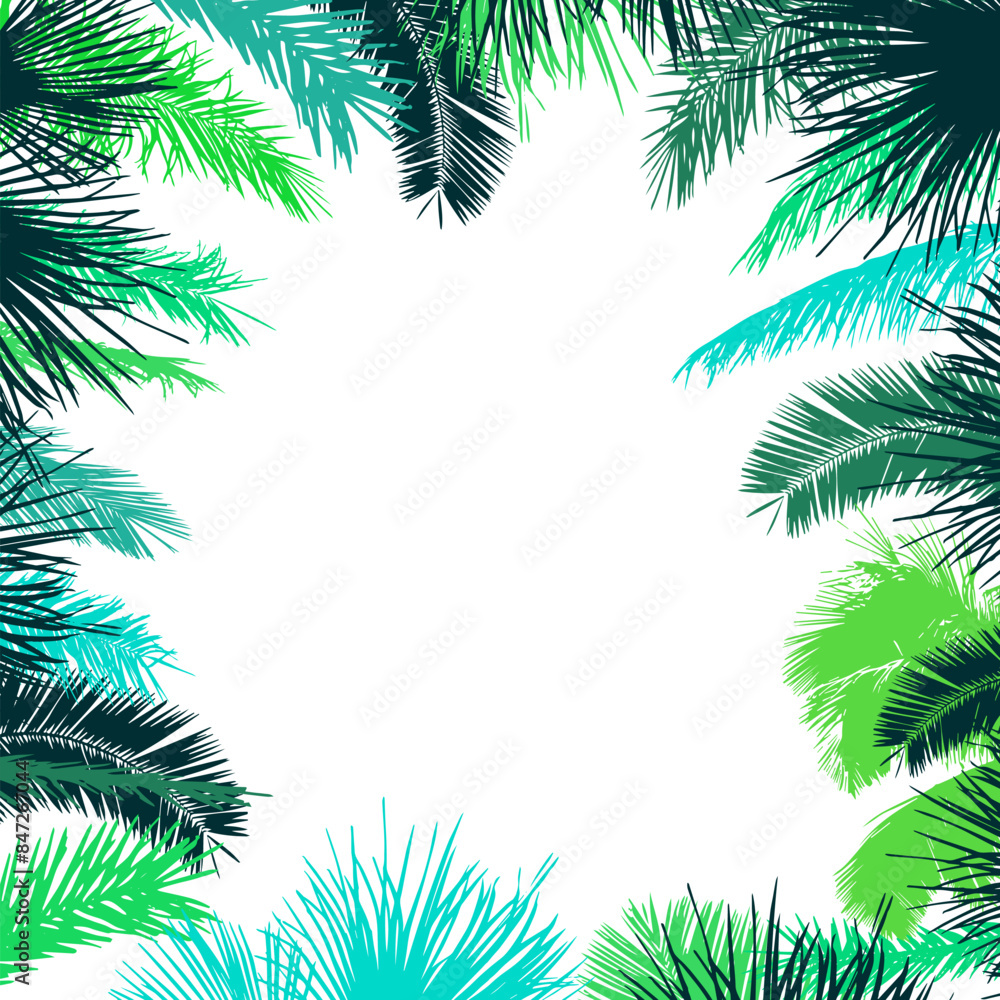 Background with green palm leaf. hand drawing. Not AI. Vector illustration
