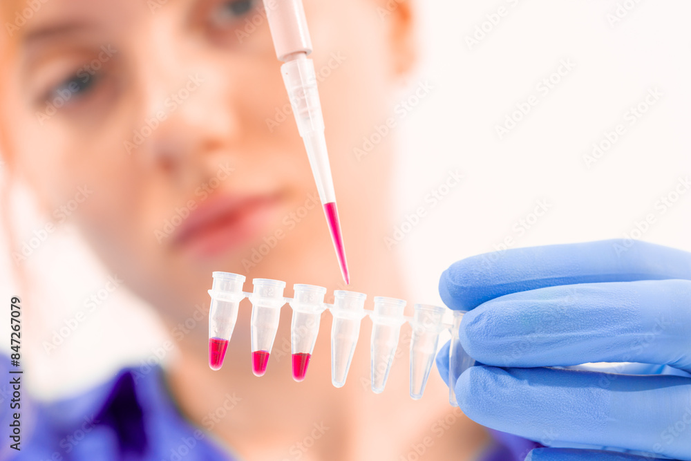 young woman in genetics laboratory working with pipette and micro tubes young woman in genetics laboratory working with pipette and micro tubes