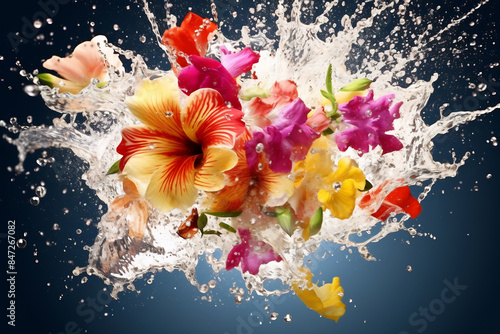 Colorful flowers splashing in water