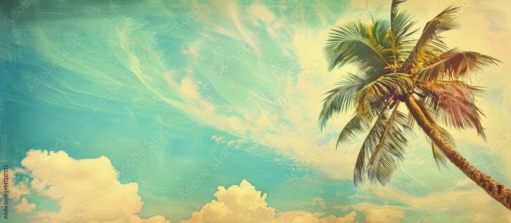 Sky background with vintage palm tree in soft tones