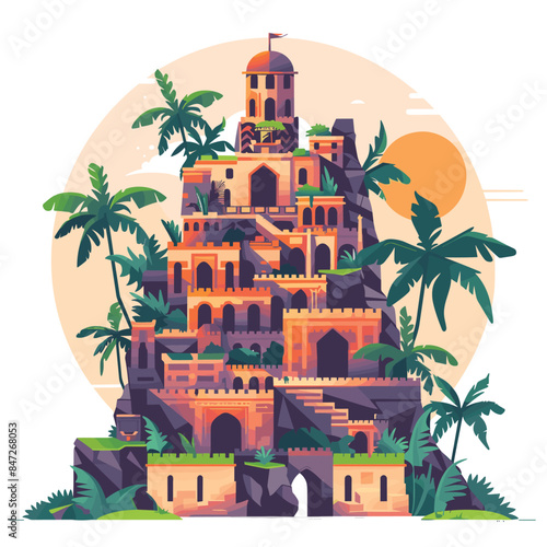 Ancient castle surrounded palm trees under golden sunset. Multilayered historic building terraces dome. Vibrant colors depicting tropical fortress architecture