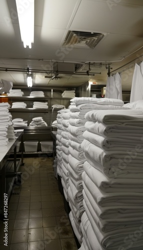 Professional Restaurant Laundry Service with Clean White Linens Prepared for Delivery in Industrial Facility
