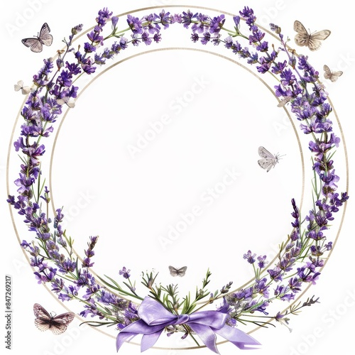 Lavender themed photo frame with flowers, butterflies and ribbons 
