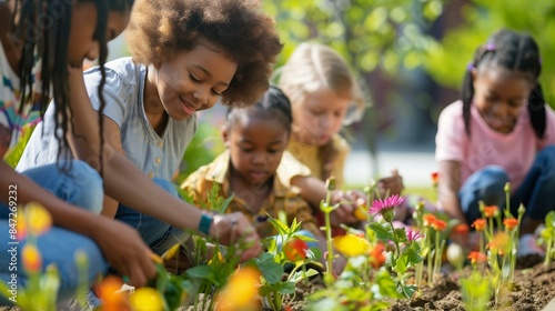 A school garden project with children planting flowe