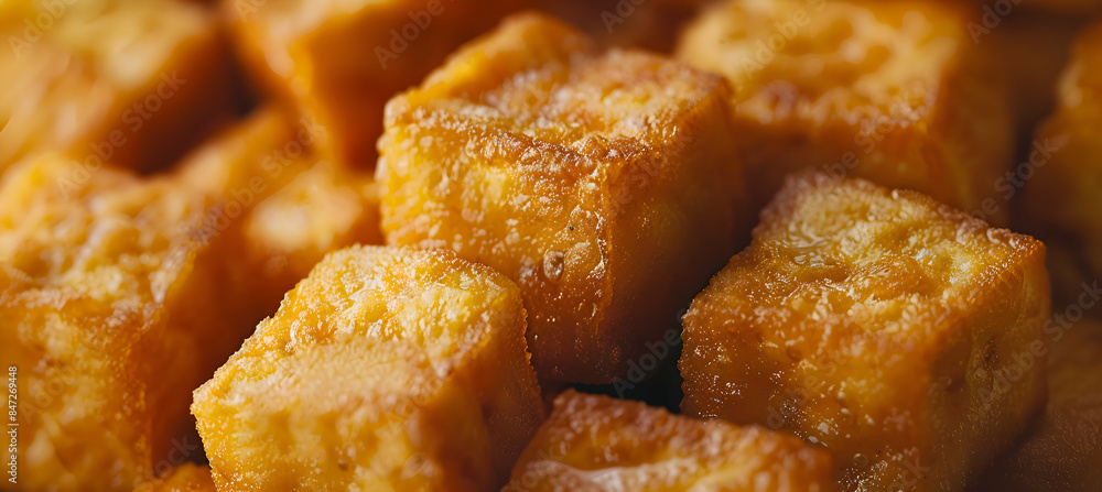 A close-up of a fast food tofu cube, showcasing the crispy exterior and soft interior A close-up of a fast food tofu cube, showcasing the crispy exterior and soft interior