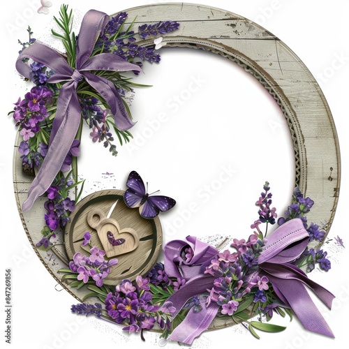Lavender themed photo frame with flowers, butterflies and ribbons 