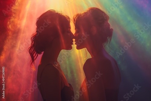 Silhouetted profile of two women against colorful lights, suggestive of an intimate moment, suitable for use in artistic expression and LGBTQ+ themes. photo