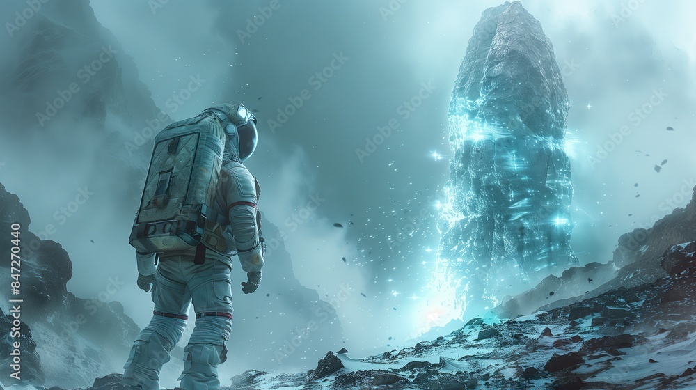 Naklejka premium Astronaut Discovering Glowing Monolith in Misty Alien Landscape - ai generative