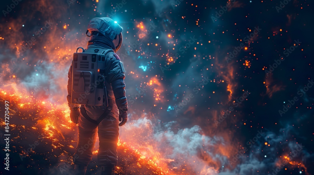 Astronaut Standing Amidst Fiery Cosmic Storm in Deep Space - ai generative Astronaut Standing Amidst Fiery Cosmic Storm in Deep Space - ai generative