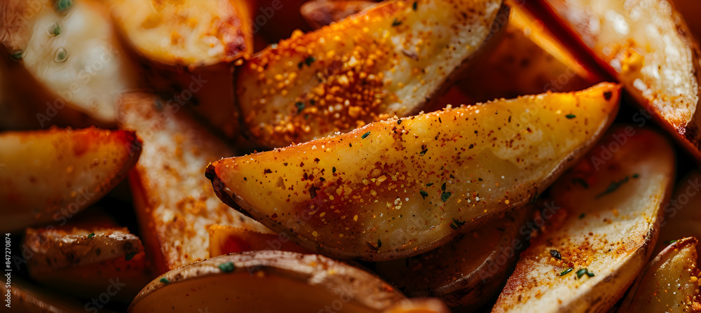 A close-up of a handful of fast food potato wedges, showcasing the crispy texture and seasoning A close-up of a handful of fast food potato wedges, showcasing the crispy texture and seasoning