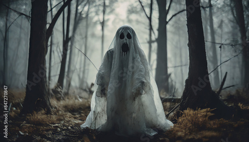 Figure covered with white ghostly sheet in scary gloomy forest. Spooky ghost Halloween holiday.