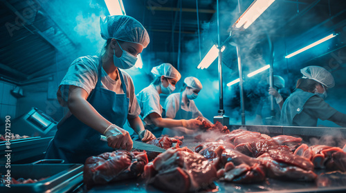 Team of chefs preparing meat dishes in a vibrant, bustling kitchen with theatrical lighting photo