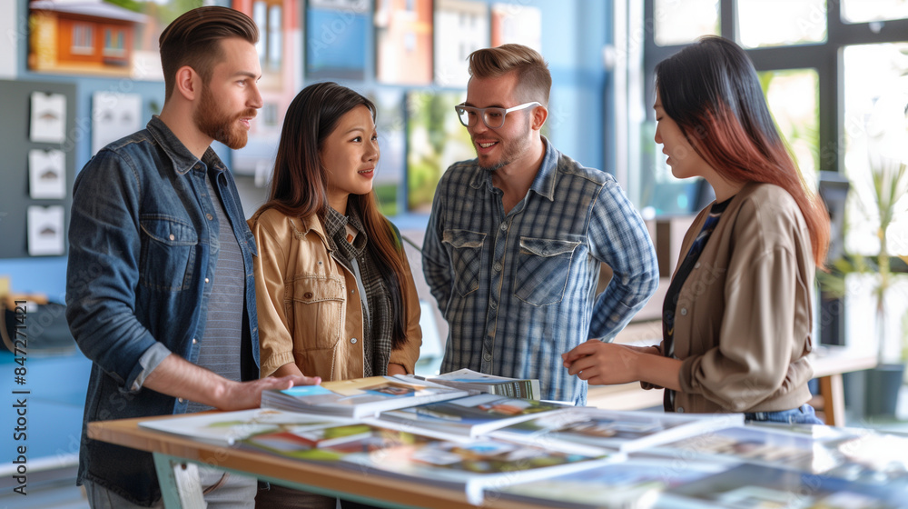 a telephoto shot of a couple and a real estate agent standing around a table with property brochures, looking engaged, Couple, diversity people, real estate, agent, office, houses,