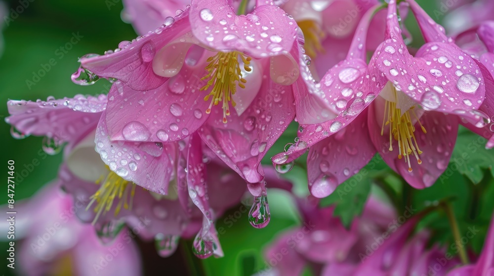 Aquilegia s blossoms adorned with raindrops Aquilegia s blossoms adorned with raindrops