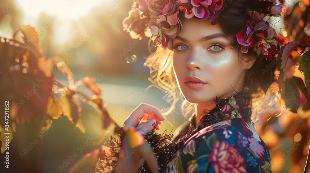 A woman wearing a flowery headdress and a floral dress is posing for a photo. The photo is taken in a field with a bright sun shining down on her. Scene is cheerful and lively A woman wearing a flowery headdress and a floral dress is posing for a photo. The photo is taken in a field with a bright sun shining down on her. Scene is cheerful and lively
