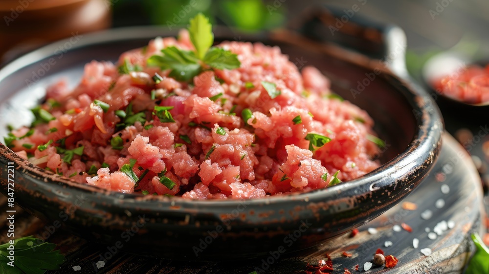 Raw minced meat seasoned and prepared for cooking Raw minced meat seasoned and prepared for cooking