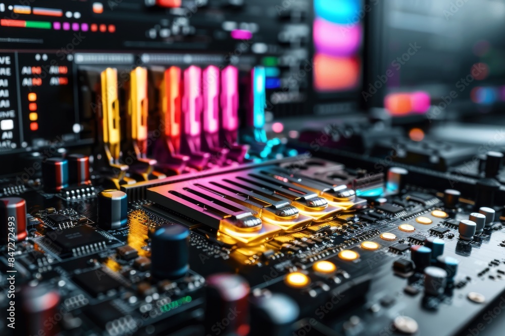 Fototapeta premium High Tech Circuit Board with Glowing AI Components and Neon Lights