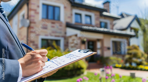 Real estate appraiser taking notes on clipboard outside a suburban house