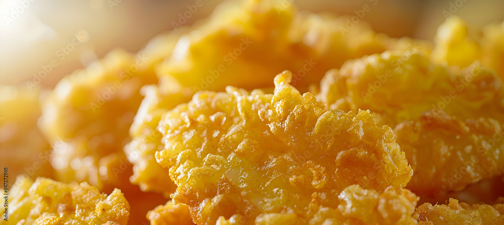 A close-up of a handful of fast food clam strips, showcasing the crispy texture and golden color A close-up of a handful of fast food clam strips, showcasing the crispy texture and golden color