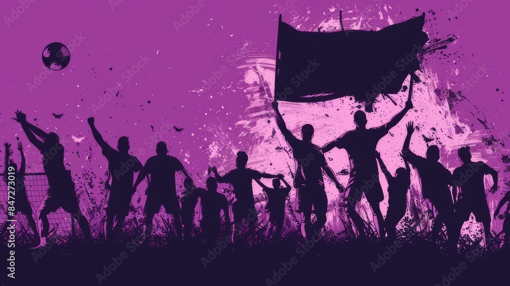 A silhouette of a group of supporters waving a flag against a purple background. A silhouette of a group of supporters waving a flag against a purple background.