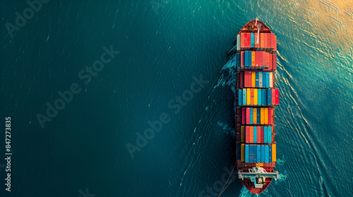 Aerial image of a cargo ship sailing the open sea. The photo highlights the trail left by the ship on the water, the serenity of the ocean and the importance of maritime transport in global logistics. © Ninna Rodrigues