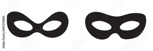 Mask superhero carnival villain or burgar vector icon set. Black masquerade costume eye mask silhouette hidden person face. Simple design incognito party masque shape template illustration.