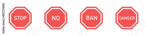 Stop red sign vector icon set. Set of prohibitory signs, stop, no, ban, danger vector. Set of prohibition signs vector. Simple icons of hexagons for warning vector. photo
