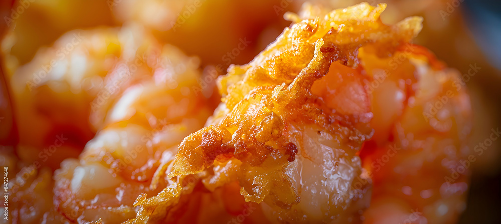 A close-up of a piece of fast food shrimp, showcasing the crispy batter and tender shrimp A close-up of a piece of fast food shrimp, showcasing the crispy batter and tender shrimp