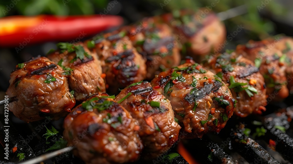 A skewer of meat with a bunch of herbs on it A skewer of meat with a bunch of herbs on it