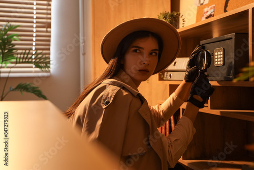 Obraz na plátně Female spy with magnifier breaking into safe in office at night