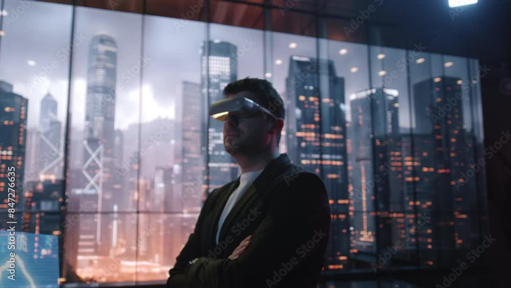 Business Executive Reviewing Financial Data with AR Glasses in Modern Office Stock Market Investing Finance Tech Success Business Executive Reviewing Financial Data with AR Glasses in Modern Office Stock Market Investing Finance Tech Success