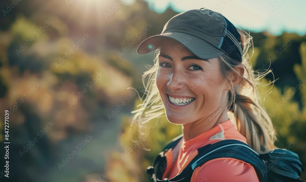 Healthy woman with beautiful smile. trail running, marathon, triathlon running, outdoor nature Healthy woman with beautiful smile. trail running, marathon, triathlon running, outdoor nature