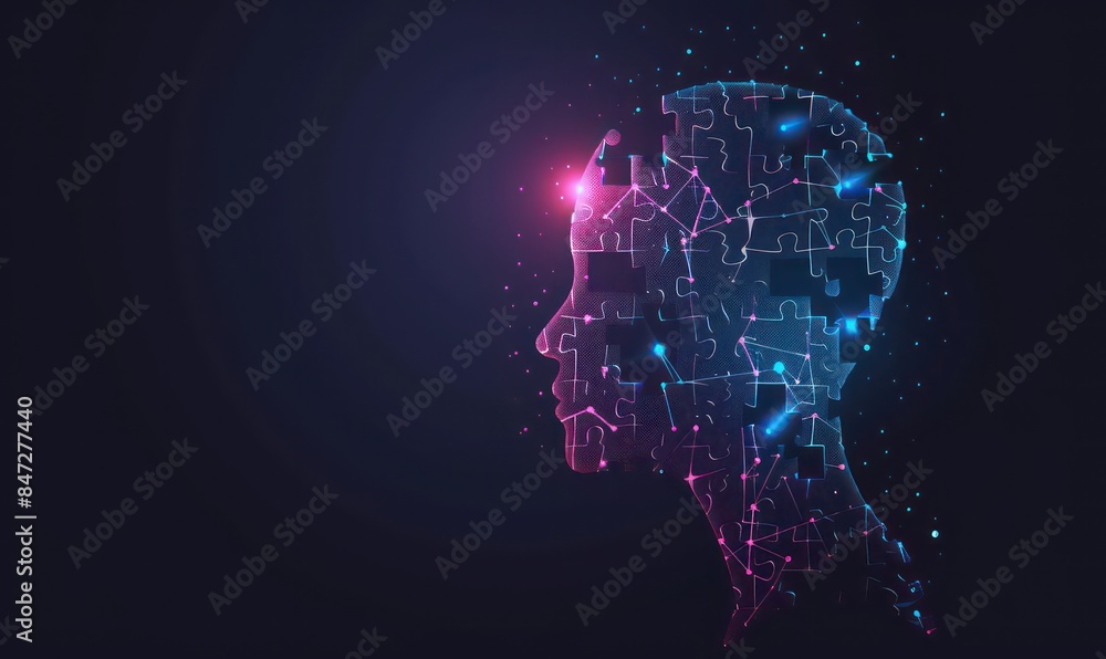 Human head profile and jigsaw puzzle, cognitive psychology or psychotherapy concept, mental health, brain problem, personality disorder Human head profile and jigsaw puzzle, cognitive psychology or psychotherapy concept, mental health, brain problem, personality disorder