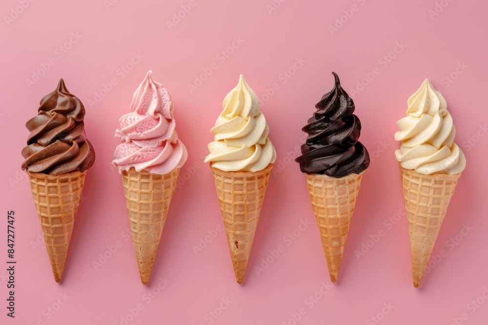 ice cream cones with different flavors on pink minimal pastel background with copy space top and bottom ice cream cones with different flavors on pink minimal pastel background with copy space top and bottom