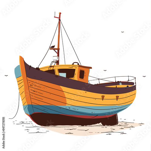 Colorful fishing boat stranded shore, birds flying, sea vessel washed ashore. Striped wooden boat, maritime emergency, no people visible. Fishing trawler grounded, vibrant colors