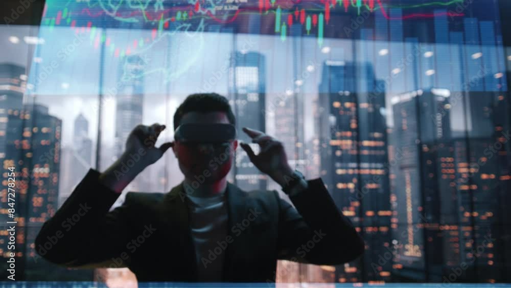 Modern Office Scene with Man Using VR Headset Exploring Virtual Content Stock Market Investing Finance Tech Success Modern Office Scene with Man Using VR Headset Exploring Virtual Content Stock Market Investing Finance Tech Success