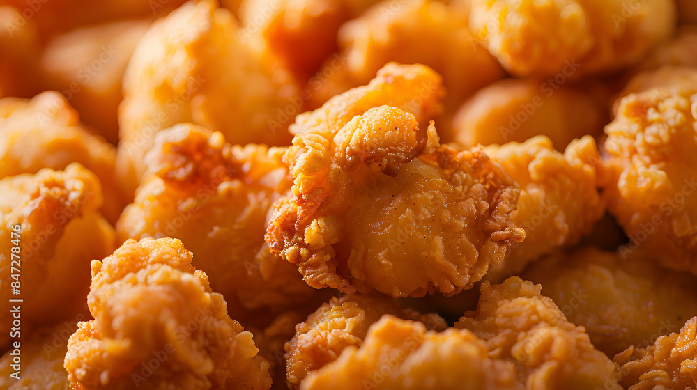 A close-up shot of a batch of gourmet fast food popcorn chicken, highlighting the crispy texture and golden color A close-up shot of a batch of gourmet fast food popcorn chicken, highlighting the crispy texture and golden color