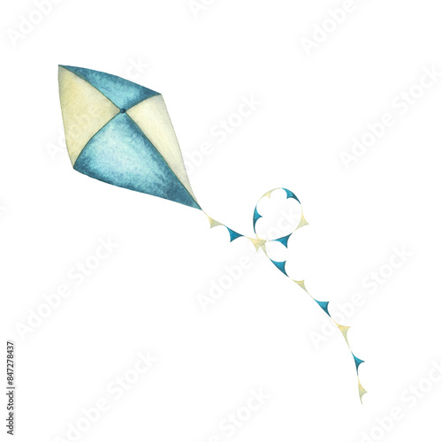 Foto Watercolor kite in beige and blue delicate colors with colorful ribbon