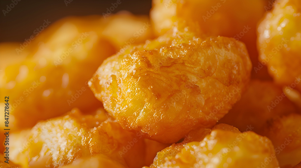 A close-up shot of a batch of gourmet fast food cheese curds, highlighting the crispy texture and gooey cheese A close-up shot of a batch of gourmet fast food cheese curds, highlighting the crispy texture and gooey cheese