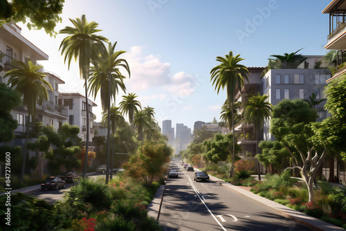 Palm tree lined street with residential buildings and city skyline in the distance on a sunny day