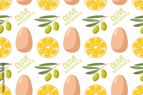 Olive Mayonnaise packaging. Seamless pattern with Ingredients for making mayonnaise sauce. Mayonnaise recipe. Hand drawn doodle vector template for menu, wallpaper, wrapping, textile, scrapbooking