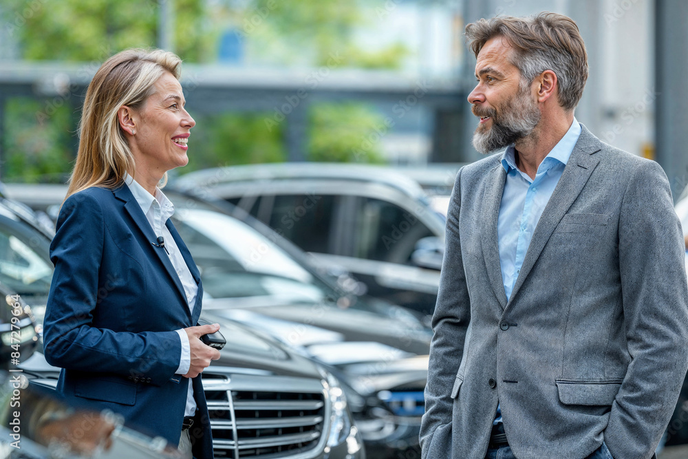 A businesswoman in a blue suit and a businessman in a grey suit are having a conversation in a parking lot during the day. A businesswoman in a blue suit and a businessman in a grey suit are having a conversation in a parking lot during the day.