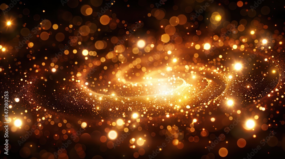 Naklejka premium A swirling vortex of golden glittering sparkles on a dark background suggesting cosmic or festive themes