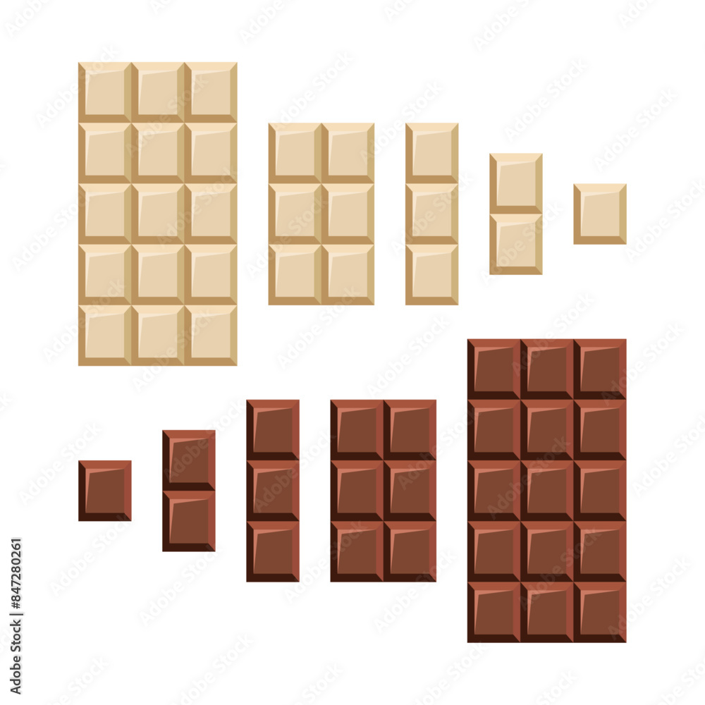 Hand drawn set of milk and white chocolate bars. Collection of chocolate pieces of different size. Isolated vector illustration for world chocolate day Hand drawn set of milk and white chocolate bars. Collection of chocolate pieces of different size. Isolated vector illustration for world chocolate day