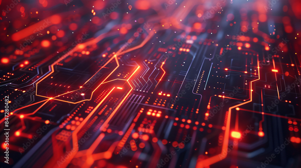 Glowing and pulsating red lights transmitting data on a circuit board Glowing and pulsating red lights transmitting data on a circuit board