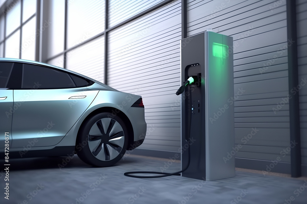 Electric vehicle charging at a modern garage Electric vehicle charging at a modern garage