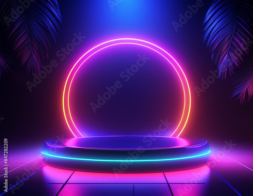 Neon Lights and a Round Stage with Palm Trees