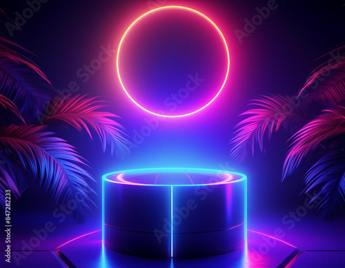Neon Lights and a Round Stage with Palm Trees