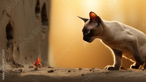 Profile portrait of siamese cat against blurred yellow backdrop, showcasing elegant feline features