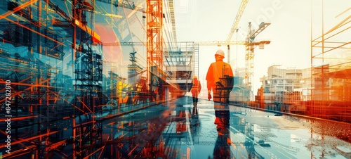 Illustration digital building construction engineering with double exposure graphic design. Building engineers, architect people or construction workers working with modern civil equipment technology